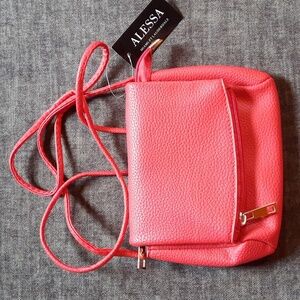 Crossbody Purse Red Pleather Vegan Embossed Design Zipper Closure